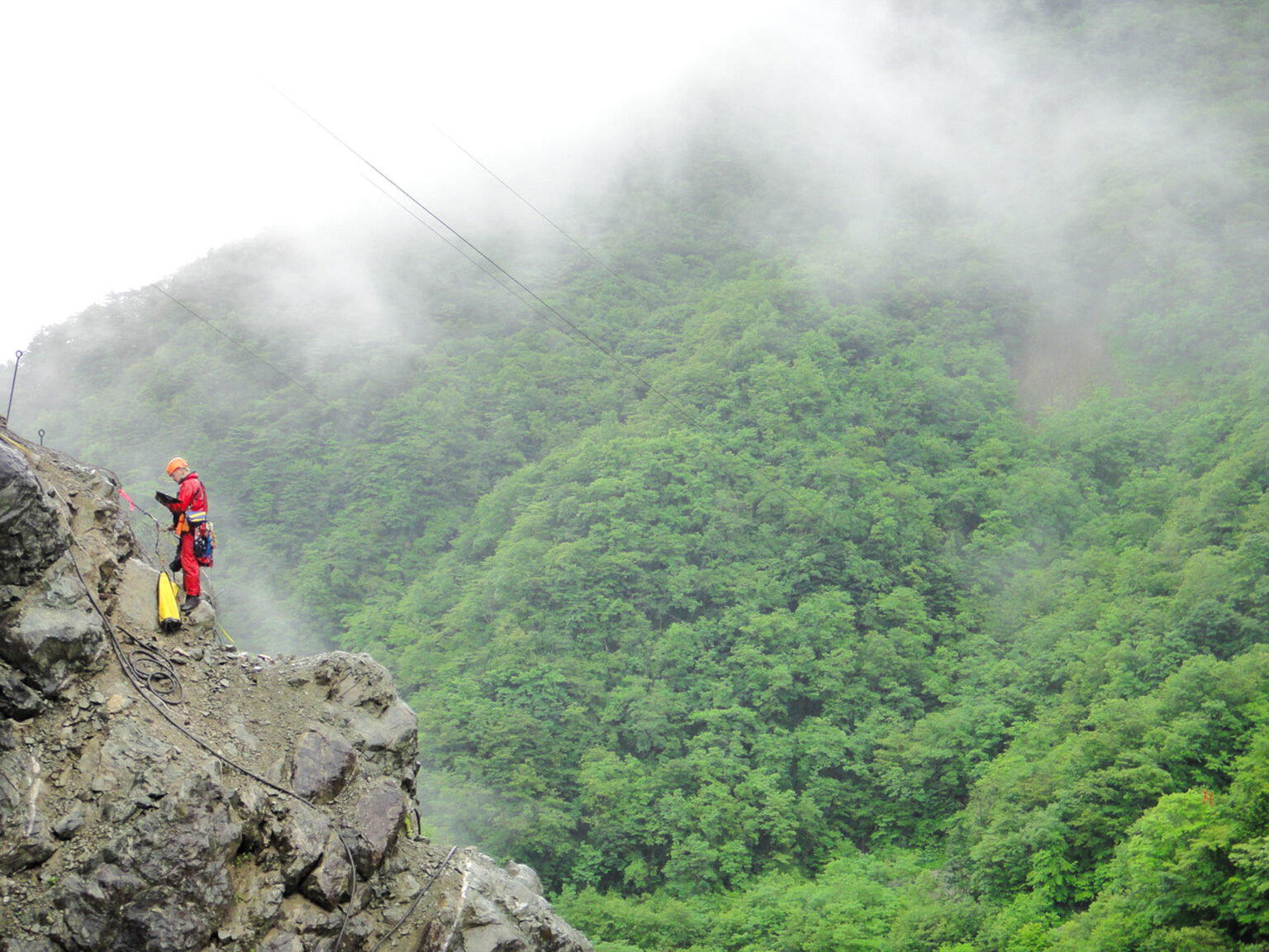 急峻な山岳地帯で調査を行うスタッフ
